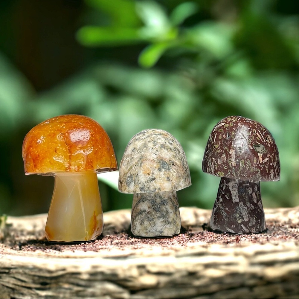 Agate SET Of 3 Artisan Hand Carved Crystal Mushrooms UNIQUE